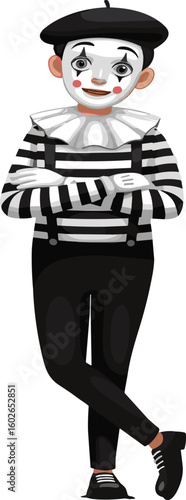 Cartoon mime artist in classic costume with face paint, striped shirt, and hat posing silently for theatrical or entertainment designs