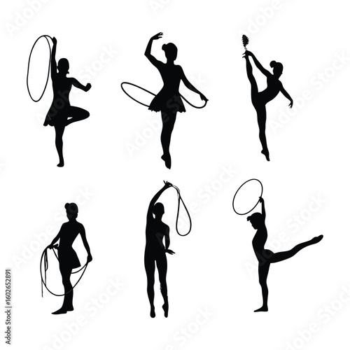 Set of 6 gymnastics silhouette illustrations with hula hoops