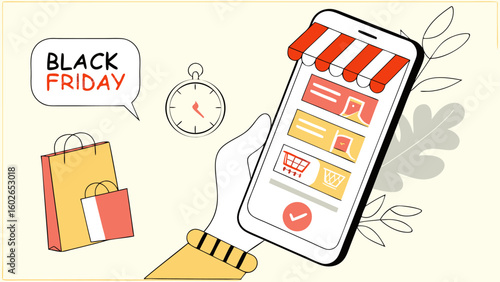 Illustration of black friday sale on mobile phone with shopping bags and clock in the background