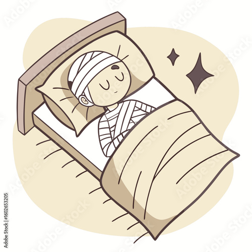 A cartoon illustration of a mummy wrapped in bandages sleeping peacefully in a bed with a star nearby
