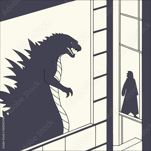 Illustration of godzilla looking into a building window at a person in a coat standing inside the building