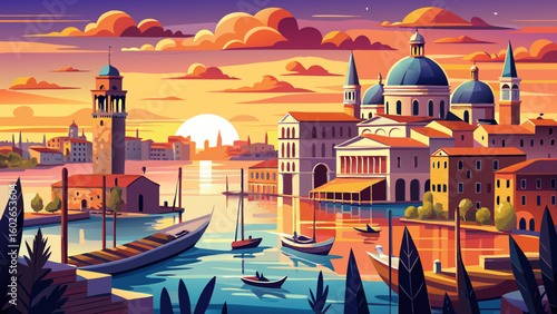 very Beautiful Venetian Lagoon panorama at sunrise, Venice, Italy