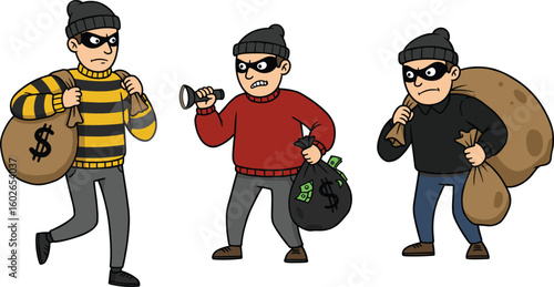 Cartoon thieves carrying money bags, wearing masks and hats, stealing cash during robbery, funny criminal characters, vector crime illustration scene