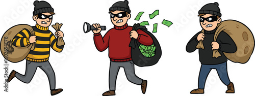 Cartoon thieves with money bags and tools, stealing cash, criminal action, robbery concept illustration, crime cartoon, burglar characters vector
