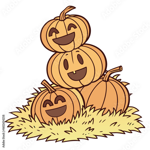 A stack of three halloween pumpkins with carved faces sitting on a bed of straw or hay bales isolated