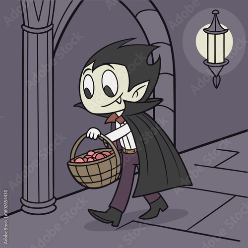 Cartoon vampire walking with a basket full of apples in a castle hallway under a hanging lantern