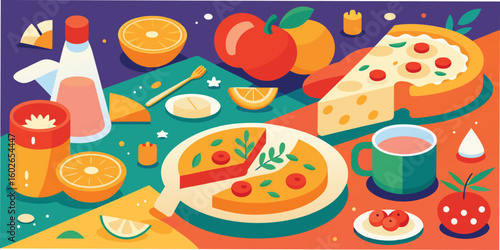 Delicious food and beverage illustration in vector style featuring pizza orange and apple elements