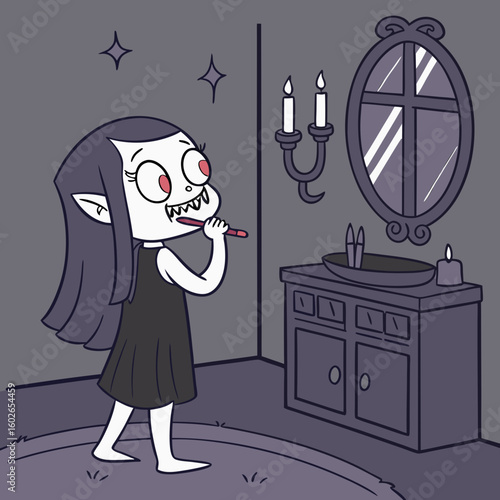 A cartoon vampire girl with long dark hair brushing her teeth in a dimly lit bathroom with candles and mirror