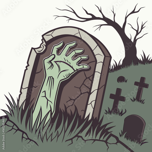 A zombie hand emerging from a cracked tombstone in a graveyard with a bare tree and grass around it