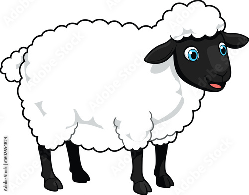 Cute cartoon sheep with black face and fluffy wool, isolated on white background, perfect for kids books, education, and farm design
