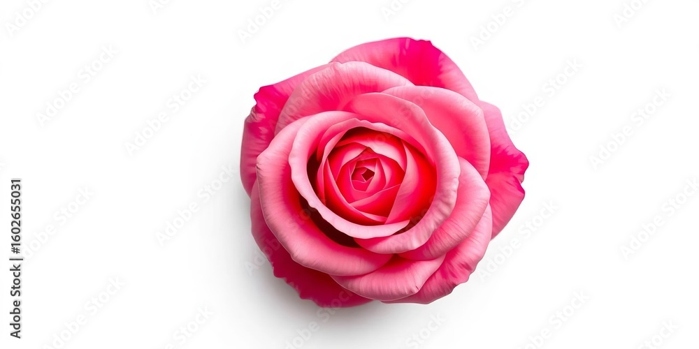 Overhead view of a single pink rose, isolated on white Perfect for wedding, Valentine's, or Mother's Day, celebration, isolated Overhead view of a single pink rose, isolated on white Perfect for wedding, Valentine's, or Mother's Day, celebration, isolated