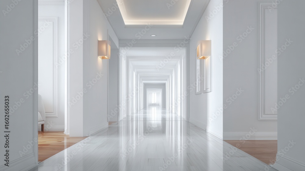 Fototapeta premium A Sleek and Modern Hallway Featuring Elegant Lighting and Refined Design Elements that Create an Airy and Spacious Atmosphere