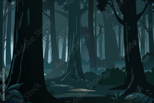 Dark and Mysterious Forest Illustration with Tall Trees and Dense Undergrowth