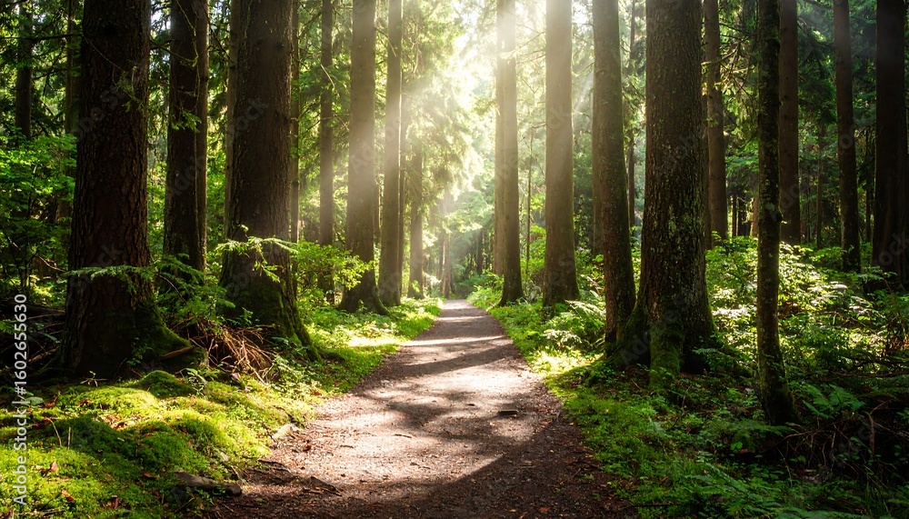 Sunlit Forest Path, Green Trees, Nature - Nature Photography Sunlit Forest Path, Green Trees, Nature - Nature Photography