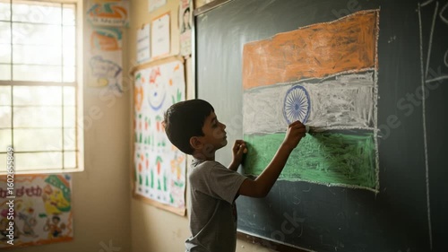 Child Drawing Flag on Chalkboard in Classroom Education Concept