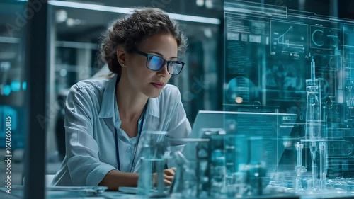 Dedicated researcher analyzing advanced data on a transparent screen in a high-tech laboratory environment