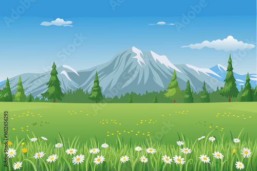 Cartoon landscape with mountains trees meadow flowers and blue sky background