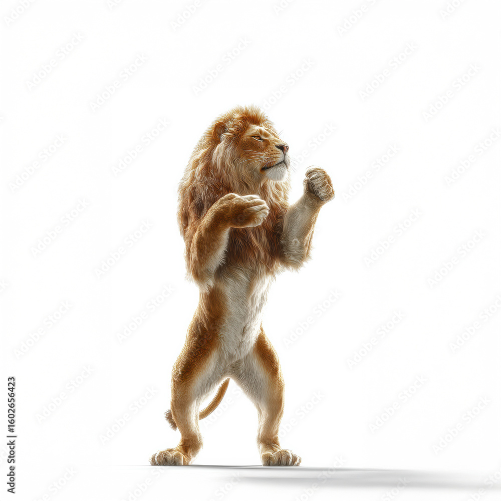 Obraz premium A regal lion in an upright stance against a bright white background embodies pride energy and untamed power.