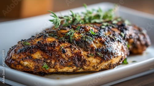 Blackened chicken breast with herbs on white plate. Concept of bold spicy grilled meat.
