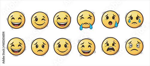 Doodle emoji face icon collection. Created in a hand-drawn sketch style. Emojis expressing various emotions: happy, sad, and smiling faces. Comic line art vector illustration.