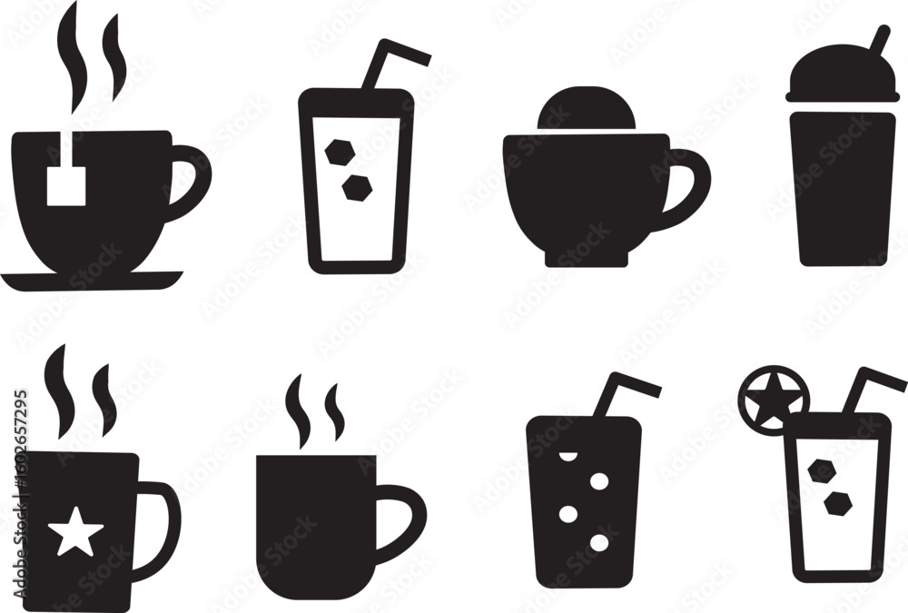 Hot drinks and beverages silhouette icon set. tea cup, coffee mug drink flat vector icon, Cup icons for coffee,
Hot drinks and beverages silhouette icon set. tea cup, coffee mug drink flat vector icon, Cup icons for coffee,