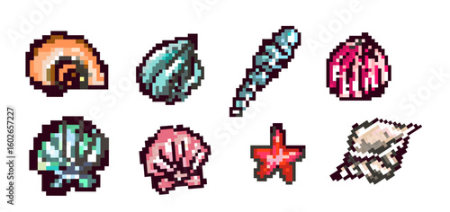 Collection of colorful pixel art sea shells and starfish. Perfect for retro games, beach-themed designs, icons, stickers, and digital ocean graphics in 8-bit style