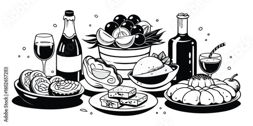 Elegant black and white food and drinks illustration with bottles glasses and various appetizers for menu design