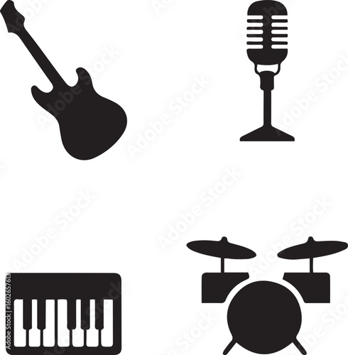 Black silhouette icons of musical instruments and microphone