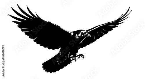 Silhouette of a crow in flight, showcasing its powerful wings and dynamic posture.