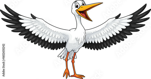 Happy cartoon stork spreading wings wide, white bird smiling, educational animal character, fun wildlife illustration for kids and learning projects