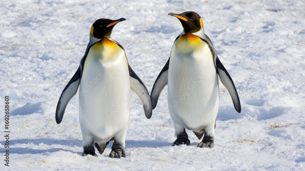 Fototapeta premium A pair of penguins waddling across the snow in Antarctica.