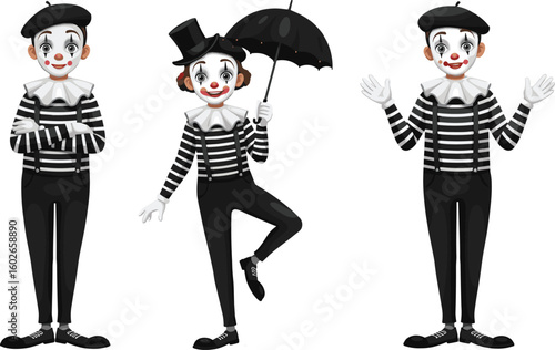 Set of cartoon mime performers in classic striped costumes with expressive gestures, hats, and props perfect for theatrical and entertainment concepts