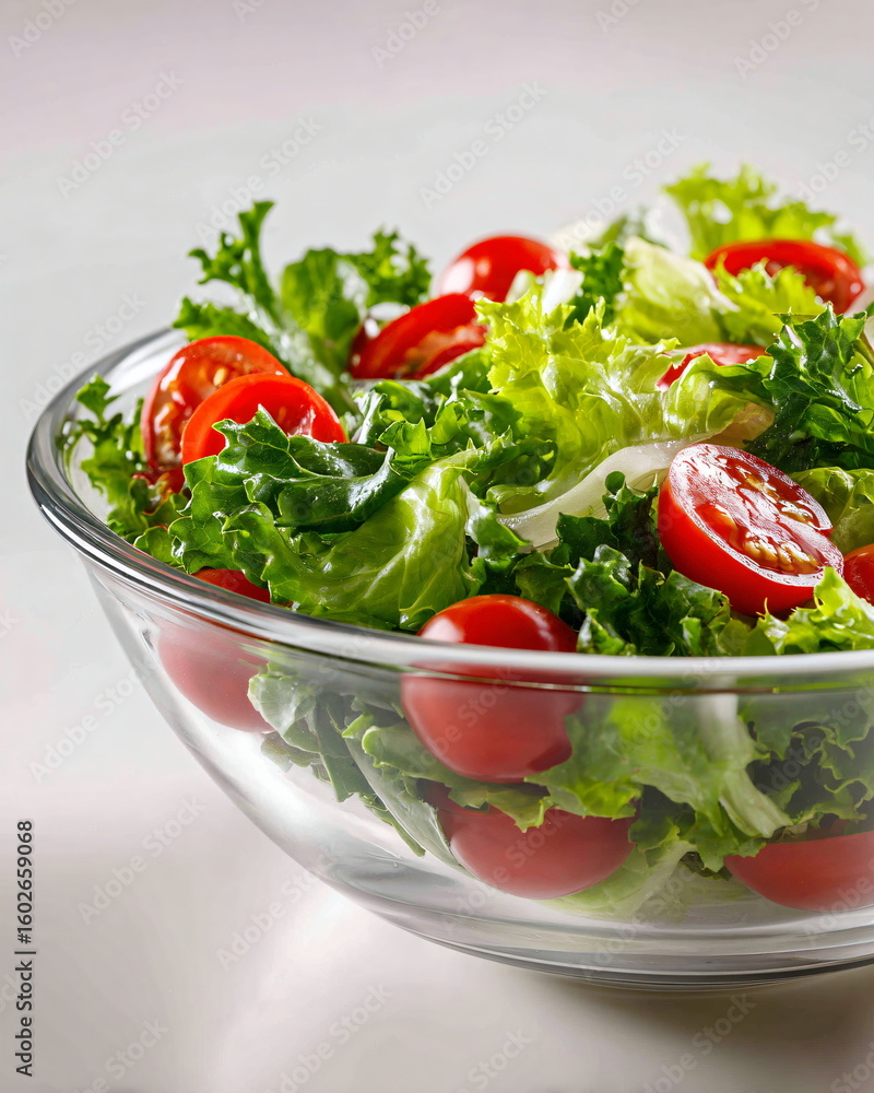 glass bowl of fresh green salad with tomatoes, clean white background glass bowl of fresh green salad with tomatoes, clean white background