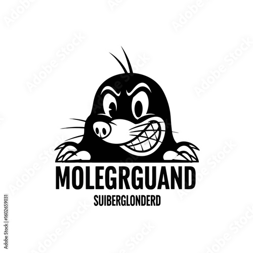 Cartoon mole with angry expression, peering out from underground, with text "MOLEGRGUAND SUIBERGLONDERD" below.