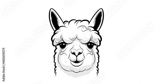 Close-up illustration of an alpaca's head with a fluffy white coat, pointy ears, and a gentle smile, set against a white background.