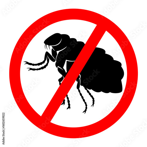 Flea silhouette sign crossed out with a red line. Pest control service. Insect and flea spray symbol, Cat Flea Silhouette, Vector, Illustration, Icon, Logo, White Background.