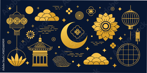 Elegant vector collection of asian-inspired decorative elements with celestial shapes and geometric designs for artistic compositions