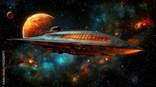 Fototapeta Naklejka Na Ścianę i Meble -  A spaceship traveling through the dark void of space, with distant stars and planets glowing in the background.