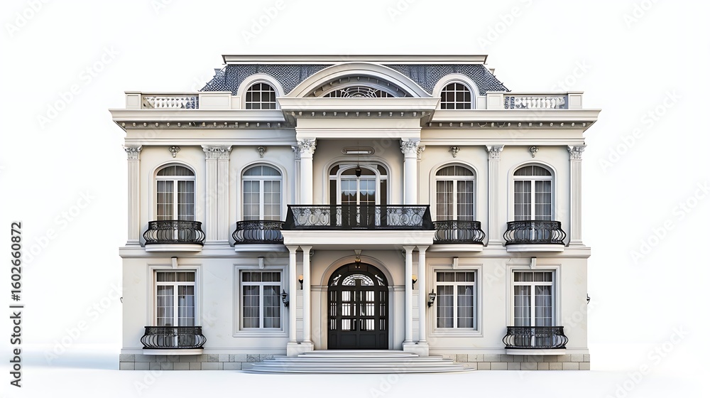 Fototapeta premium Elegant White Mansion With Grand Architecture And Balconies