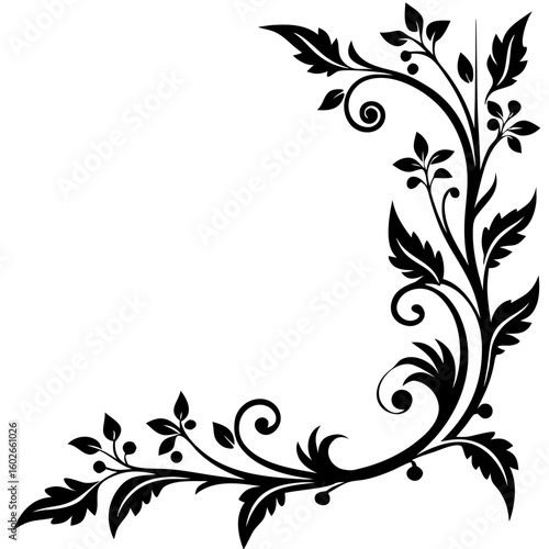 Elegant black floral flourish with swirling leaves and berries creates a decorative accent for invitations and designs.