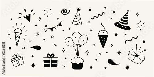 Festive black and white celebration elements vector illustration with party hats cupcakes balloons and gift boxes on transparent background.