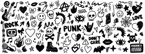 Punk scribble doodle set. Vector hand drawn graffiti groovy punk Collection. Rock style crayon drawn shapes. Crayon sketch heart, eyes, fire, guitar, notes, music, skulls, guests, stars, lips, lightni
