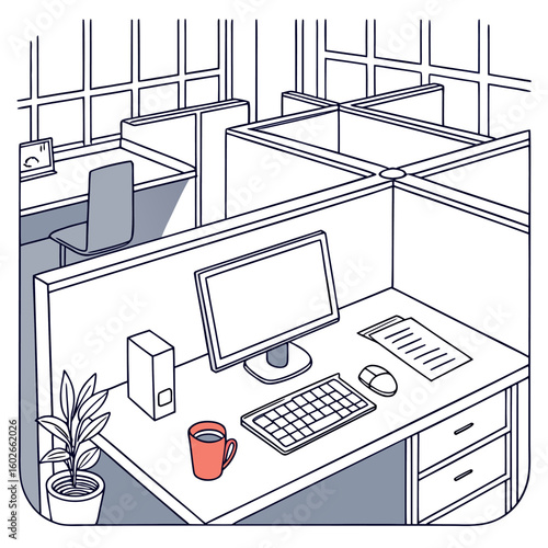 Isometric view of an office cubicle with a computer monitor keyboard mouse and a cup of coffee on the desk