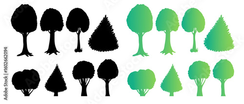 Tree Silhouettes and Gradient Icons Set – Vector Forest Elements