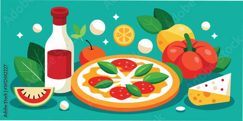 Freshly prepared pizza and various ingredients arranged on a modern and vibrant composition suitable for food themed design projects