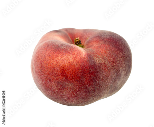 One flat peach or fig peach isolated on white background. eye-level shooting.