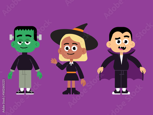 Cartoon Halloween Characters – Frankenstein, Witch and Vampire in Flat Style