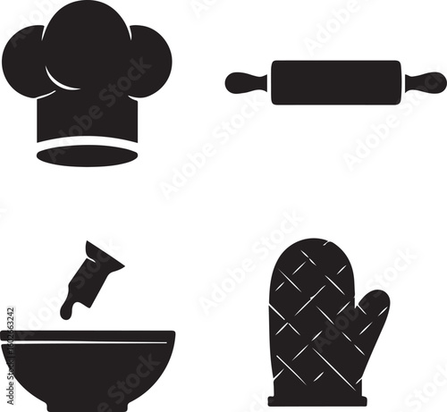 Black cooking icons chef hat rolling pin bowl and oven mitt