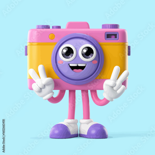 Colorful Camera Character with Peace Sign