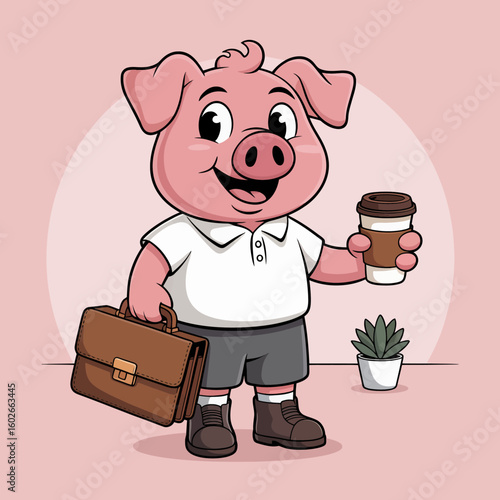 Business Pig with Briefcase and Coffee